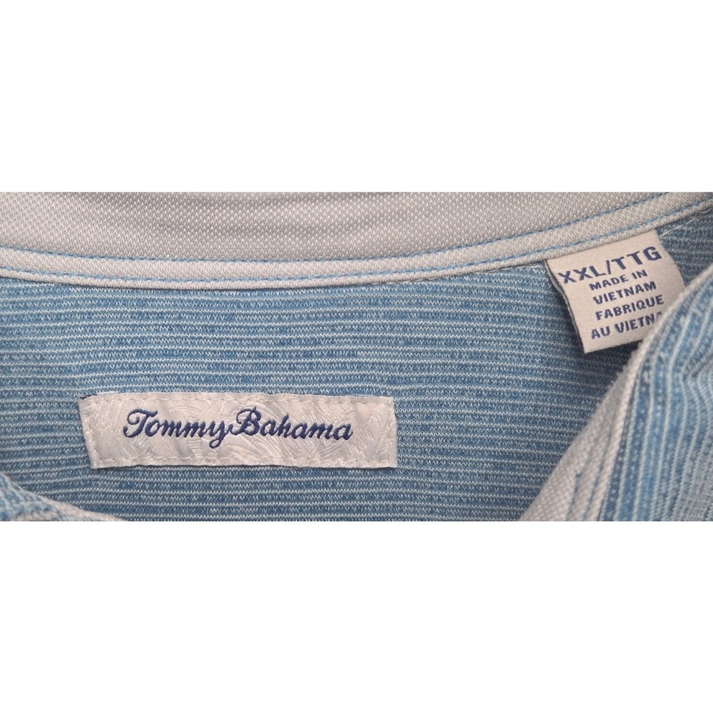 Tommy Bahama Mens XXL Blue Striped Short Sleeve Polo Shirt Coastal Beachy Marlin
